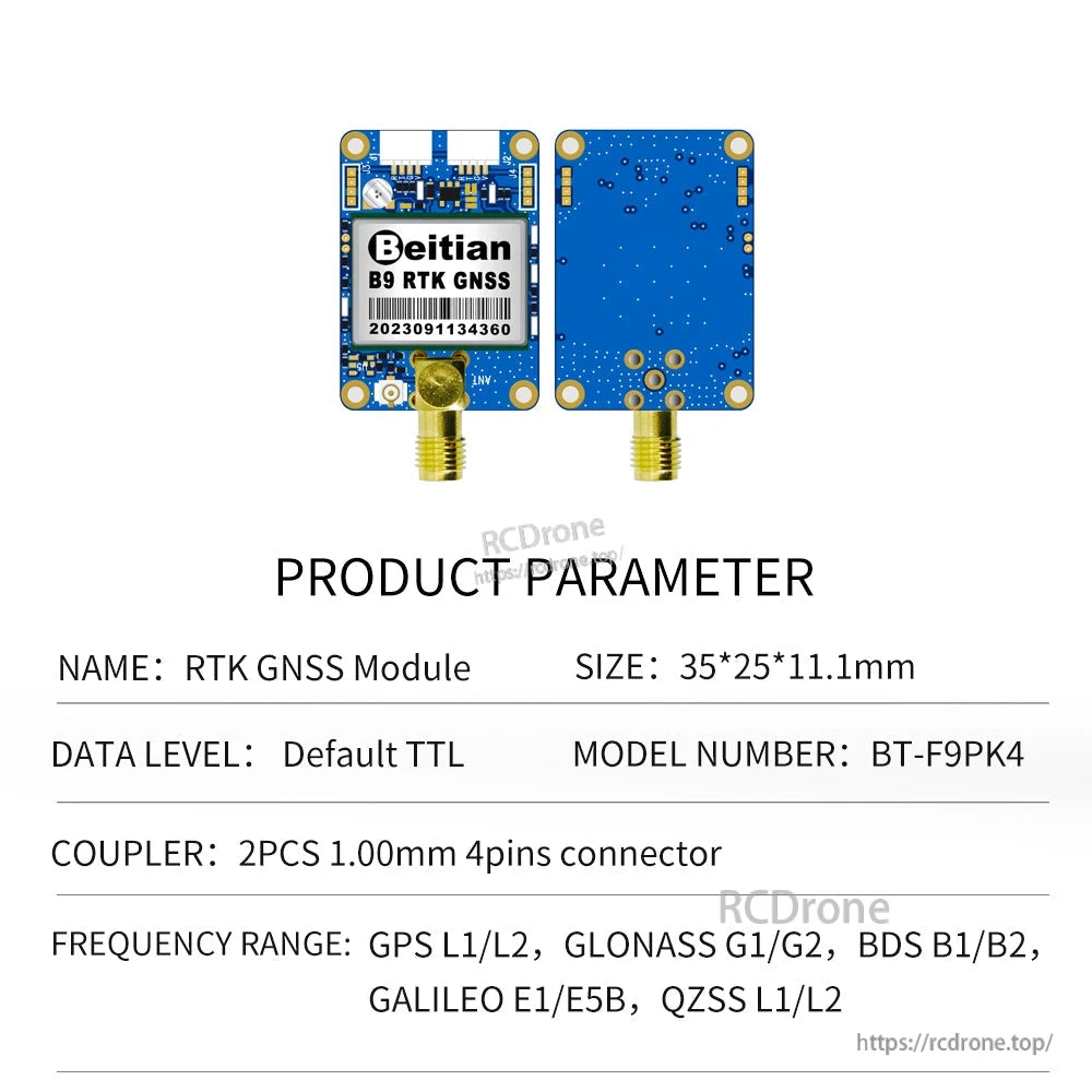 BT-F9PK4 product parameter sheet showing compact module front/back with SMA connector (35×25×11.1mm)