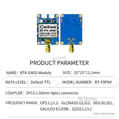 BT-F9PK4 product parameter sheet showing compact module front/back with SMA connector (35×25×11.1mm)