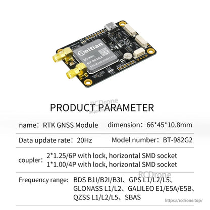 BT-982G2 product parameter sheet with board photo and specs (66×45×10.8mm, 20Hz update rate)