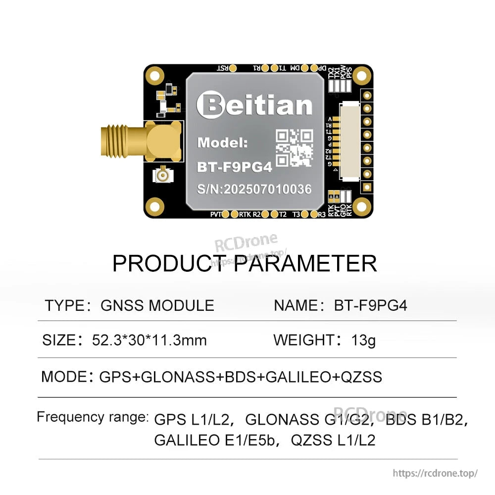 Beitian BT-F9PG4 GNSS positioning board with SMA antenna connector and specs listing size 52.3×30×11.3 mm