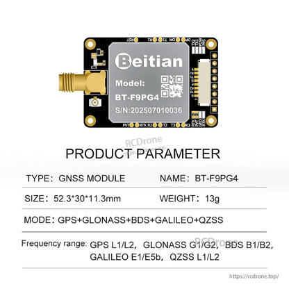 Beitian BT-F9PG4 GNSS positioning board with SMA antenna connector and specs listing size 52.3×30×11.3 mm