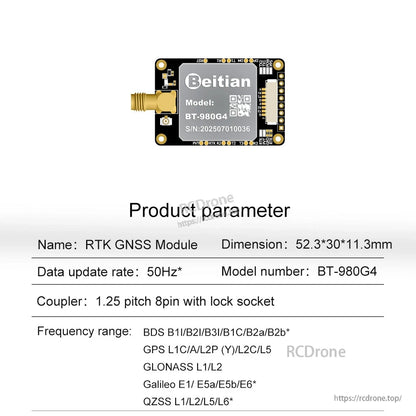 Beitian BT-980G4 RTK GNSS module board with SMA antenna connector and 8-pin lock socket, 52.3×30×11.3 mm