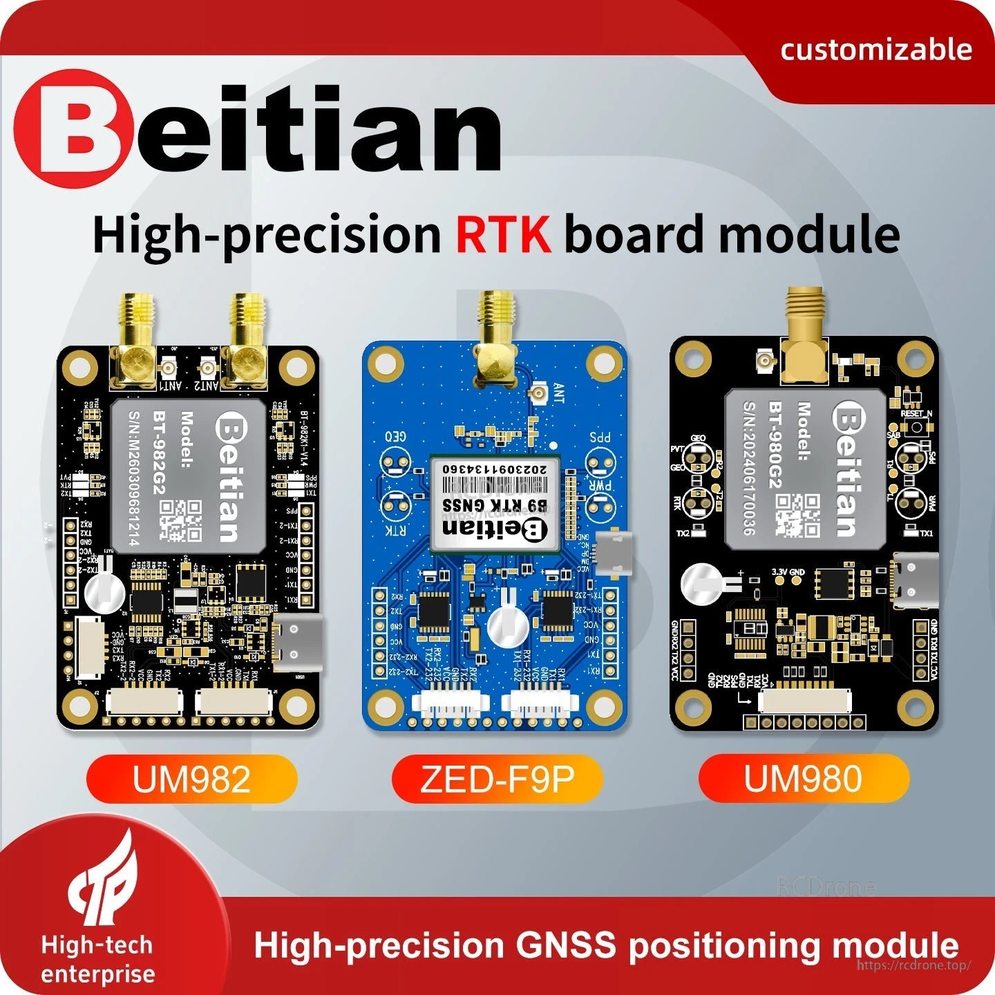 Beitian high-precision RTK board module graphic showing UM982, ZED-F9P and UM980 options