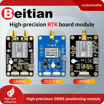 Beitian high-precision RTK board module graphic showing UM982, ZED-F9P and UM980 options