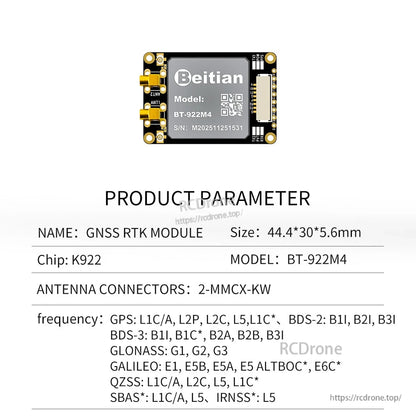 Beitian BT-922M4 GNSS RTK module with dual MMCX antenna connectors, K922 chip, 44.4×30×5.6 mm