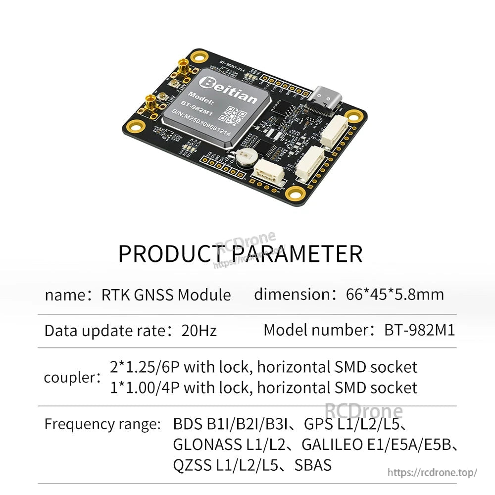 Product parameter chart for Beitian BT-982M1 RTK GNSS module with 66×45×5.8 mm size and connector list
