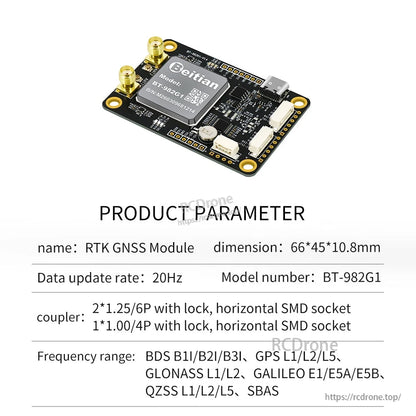 Product parameter chart for Beitian BT-982G1 RTK GNSS module with 66×45×10.8 mm size and 20 Hz update rate