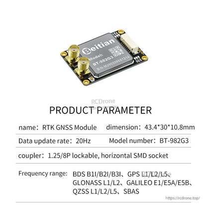 Product parameter chart for Beitian BT-982G3 RTK GNSS module, 43.4×30×10.8 mm, 1.25/8P lockable socket