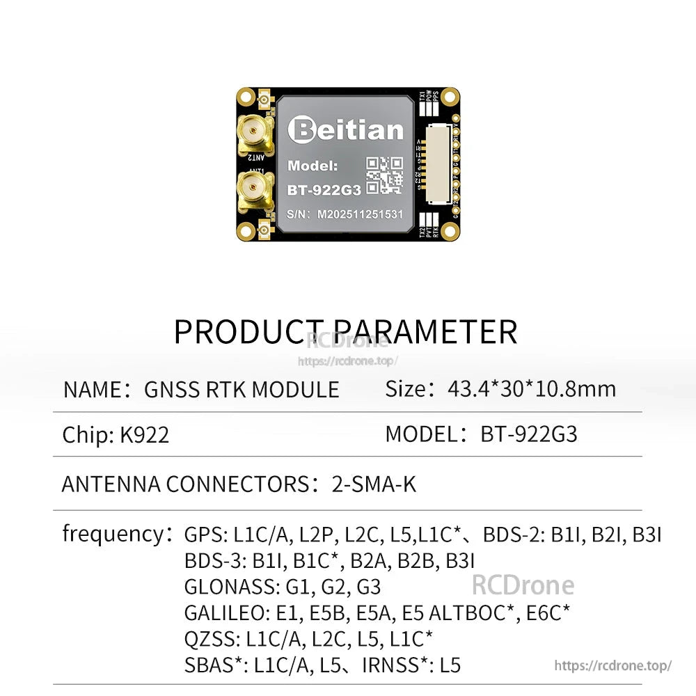 Product parameter chart for Beitian BT-922G3 GNSS RTK module, 43.4×30×10.8 mm, 2-SMA-K connectors