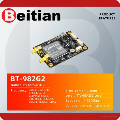 Product features infographic for Beitian BT-982G2 RTK GNSS module with size, voltage, and baud rate text