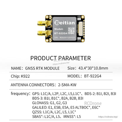 Product parameter chart for Beitian BT-922G4 GNSS RTK module, 43.4×30×10.8 mm, 2-SMA-KW connectors