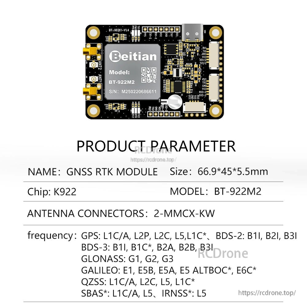 Product parameter chart for Beitian BT-922M2 GNSS RTK module showing K922 chip and 2-MMCX-KW connectors