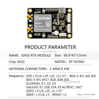 Product parameter chart for Beitian BT-922M2 GNSS RTK module showing K922 chip and 2-MMCX-KW connectors