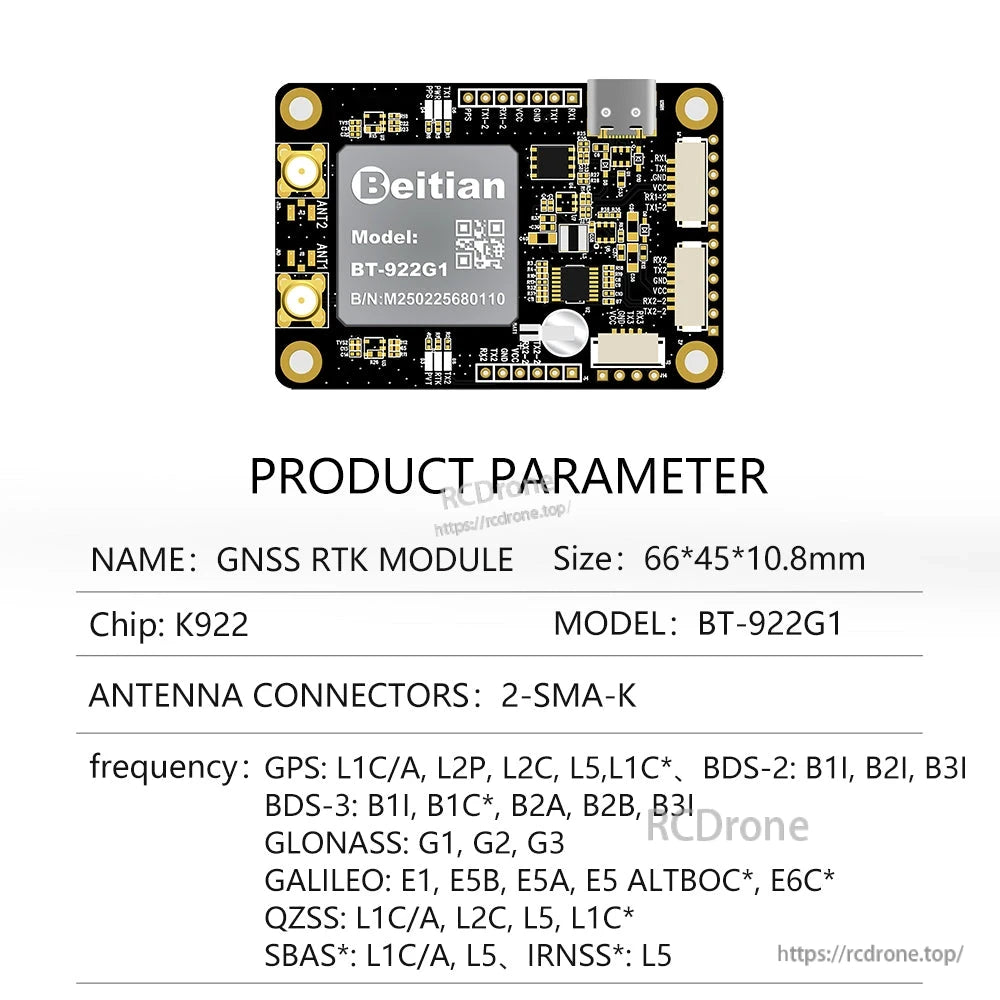 Product parameter chart for Beitian BT-922G1 GNSS RTK module showing K922 chip and 2-SMA-K connectors