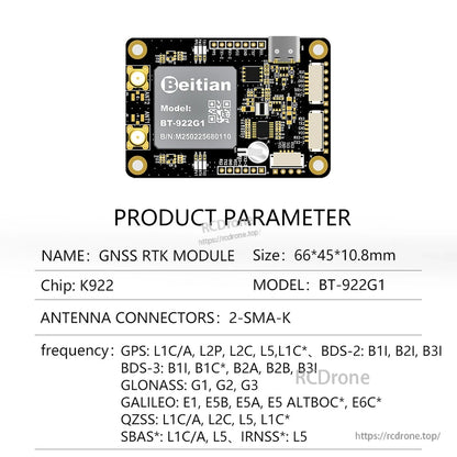 Product parameter chart for Beitian BT-922G1 GNSS RTK module showing K922 chip and 2-SMA-K connectors