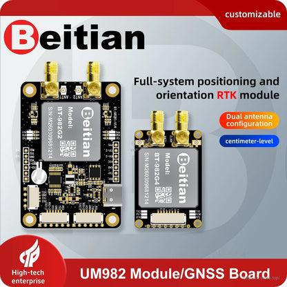 Beitian UM982 GNSS board graphic showing RTK module with dual-antenna configuration