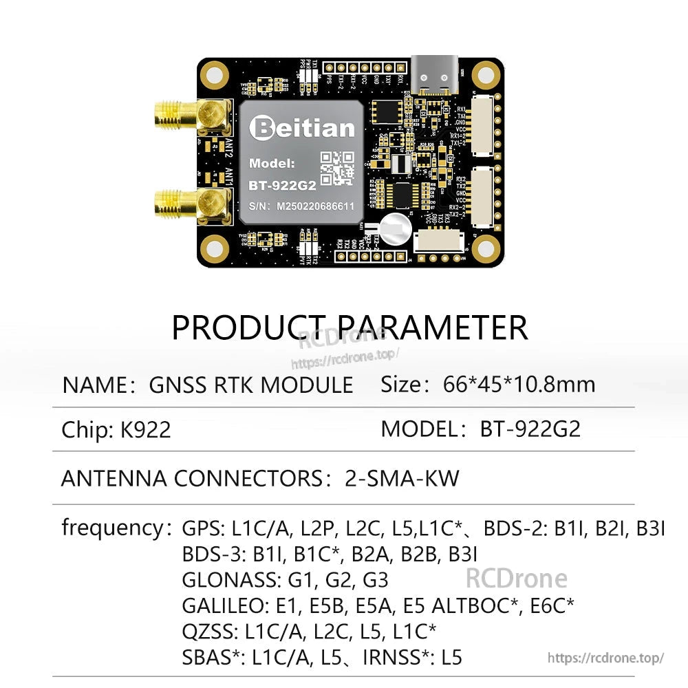 Product parameter chart for Beitian BT-922G2 GNSS RTK module showing K922 chip and 2-SMA-KW connectors