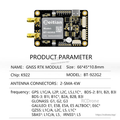 Product parameter chart for Beitian BT-922G2 GNSS RTK module showing K922 chip and 2-SMA-KW connectors