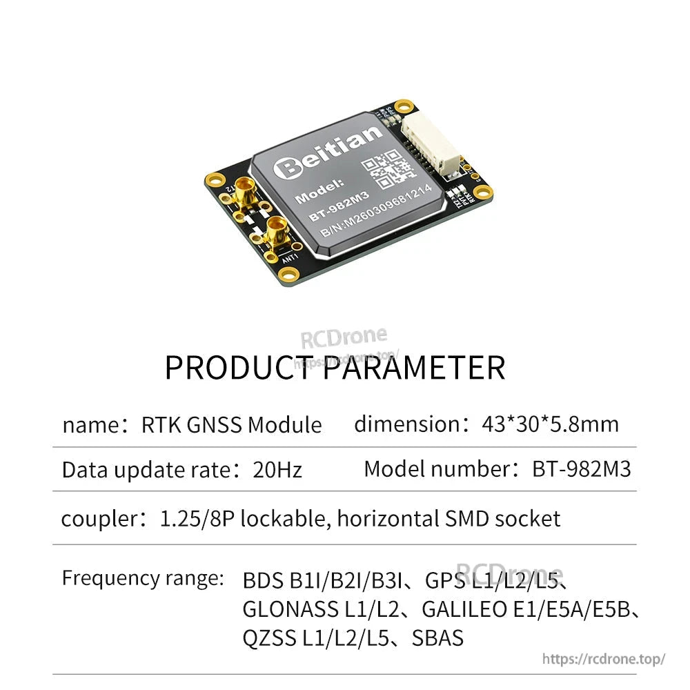 Product parameter chart for Beitian BT-982M3 RTK GNSS module, 43×30×5.8 mm, 1.25/8P lockable socket