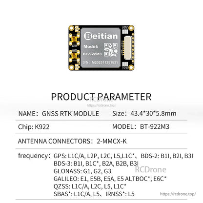 Beitian BT-922M3 GNSS RTK module with two MMCX antenna connectors and 43.4×30×5.8 mm board size