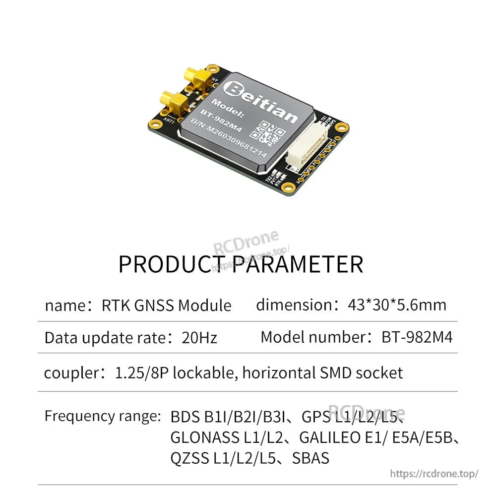 Product parameter chart for Beitian BT-982M4 RTK GNSS module, 43×30×5.6 mm, 1.25/8P lockable socket