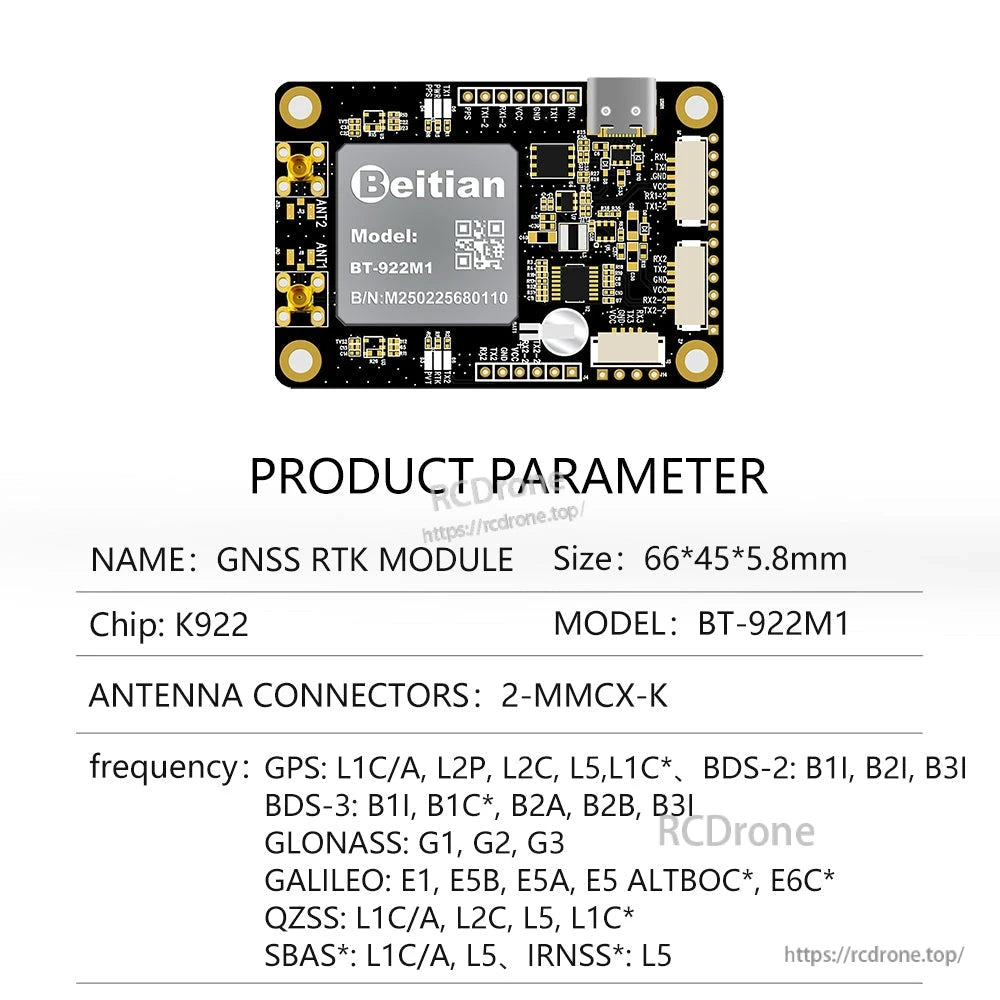 Product parameter chart for Beitian BT-922M1 GNSS RTK module showing K922 chip and 2-MMCX-K connectors