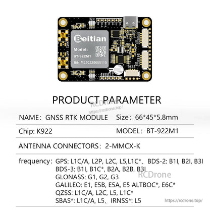 Product parameter chart for Beitian BT-922M1 GNSS RTK module showing K922 chip and 2-MMCX-K connectors