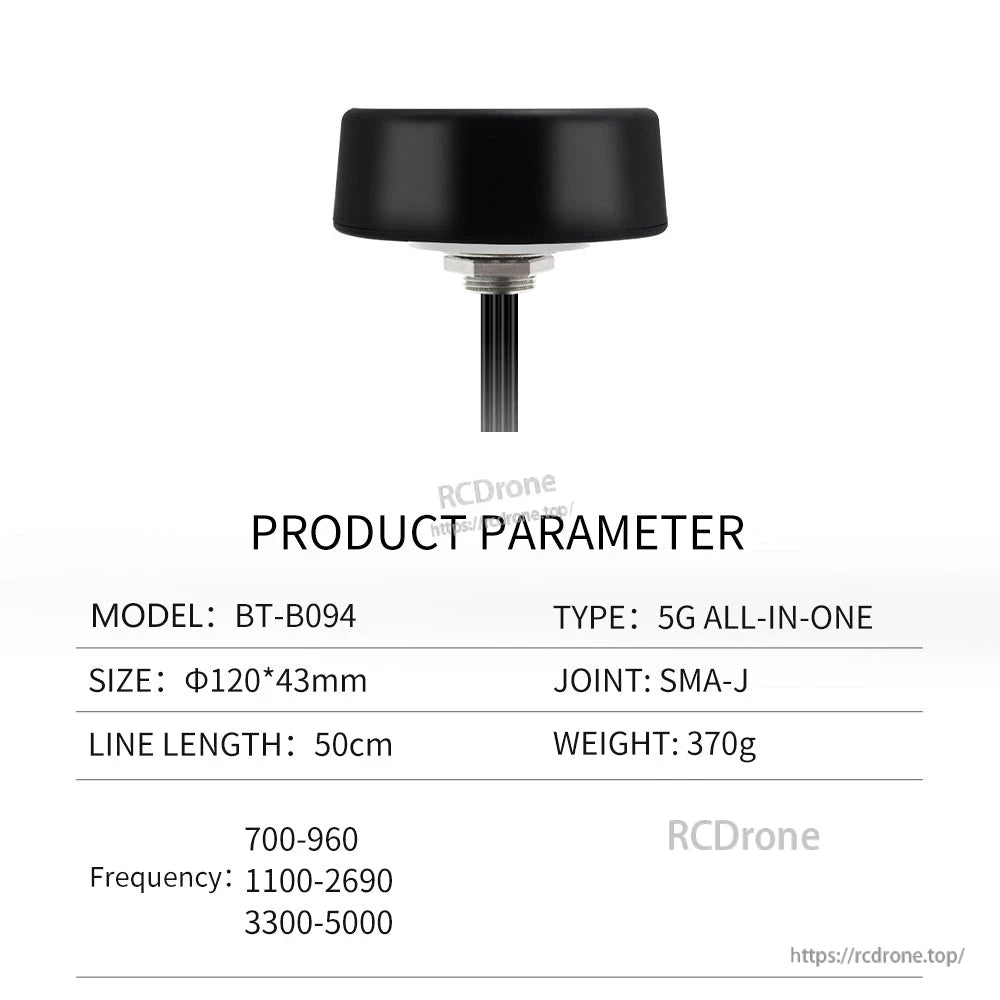 BT-B094 product parameter table with size, weight, cable length and frequency bands listed