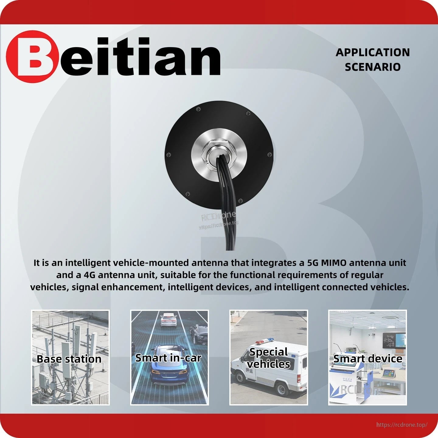 Application scenario graphic for vehicle-mounted antenna with icons for base station, smart in-car and devices