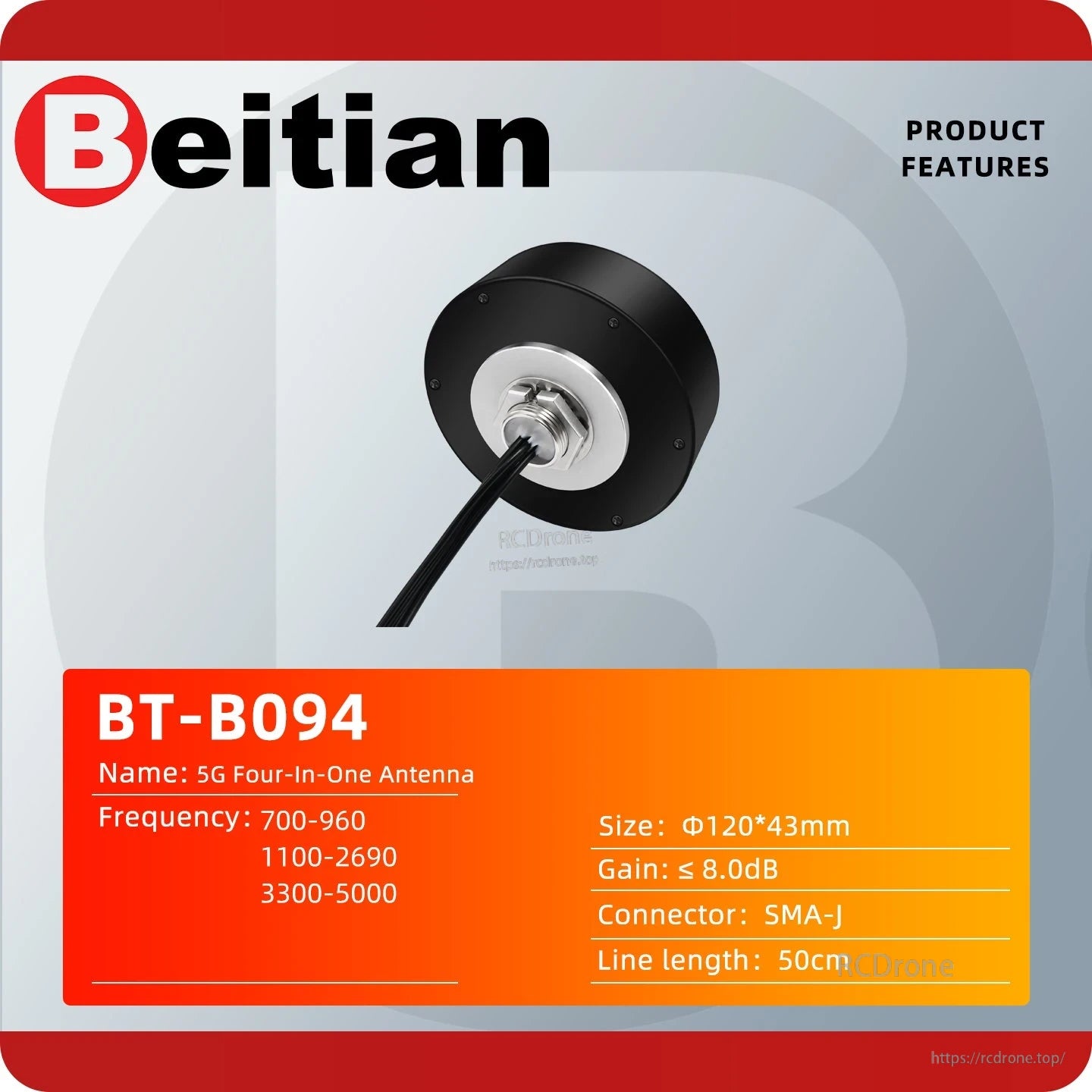 Beitian BT-B094 antenna feature card with size, gain, connector type SMA‑J and 50 cm cable length