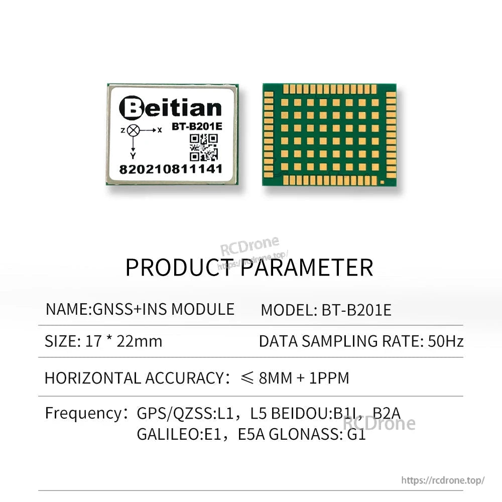 BT-B201E product parameter chart with size 17×22 mm and 50 Hz sampling rate, plus top/underside views