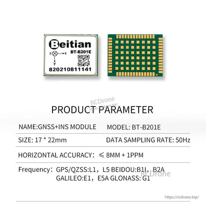 BT-B201E product parameter chart with size 17×22 mm and 50 Hz sampling rate, plus top/underside views