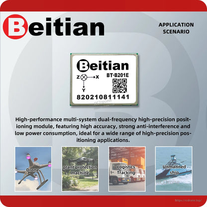 BT-B201E application scenario graphic showing drone, plant protection machine, logistics tracking, unmanned ship