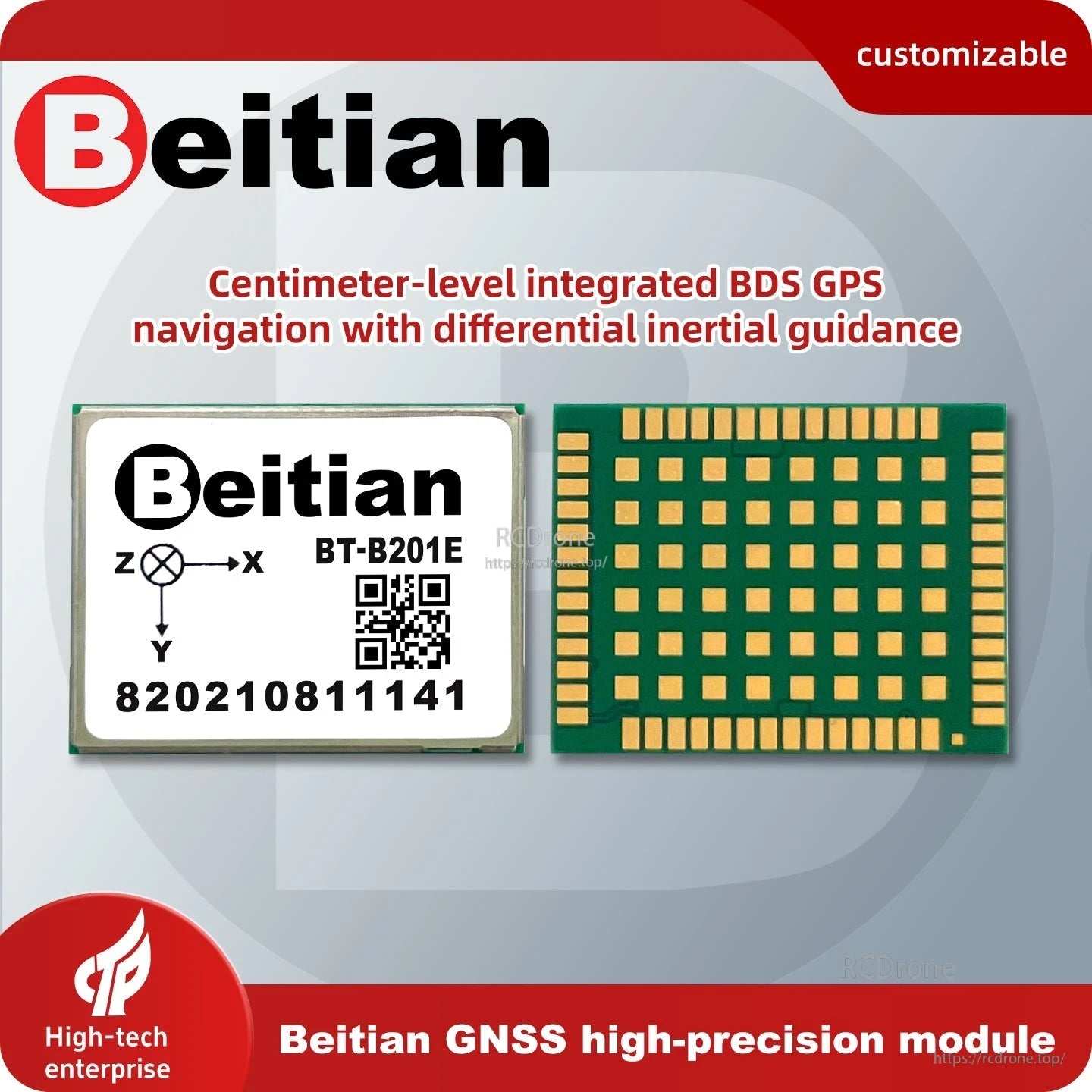 Beitian BT-B201E GNSS+INS RTK high-precision module graphic showing top and BGA underside