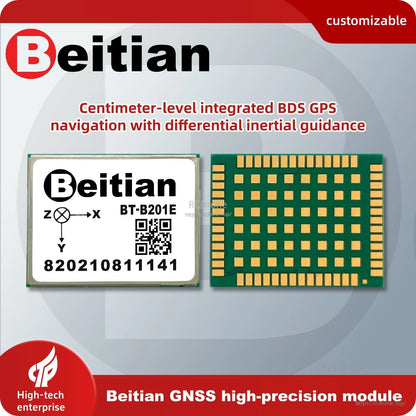 Beitian BT-B201E GNSS+INS RTK high-precision module graphic showing top and BGA underside