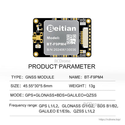 Beitian BT-F9PM4 GNSS module board with connector pins; supports GPS/GLONASS/BDS/Galileo/QZSS, 45.55×30×5.6mm