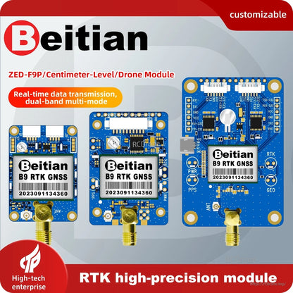 Beitian ZED-F9P RTK GNSS module promotional graphic showing three module variants