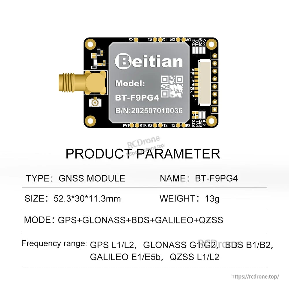 BT-F9PG4 GNSS module product parameter card with model label and SMA connector on left