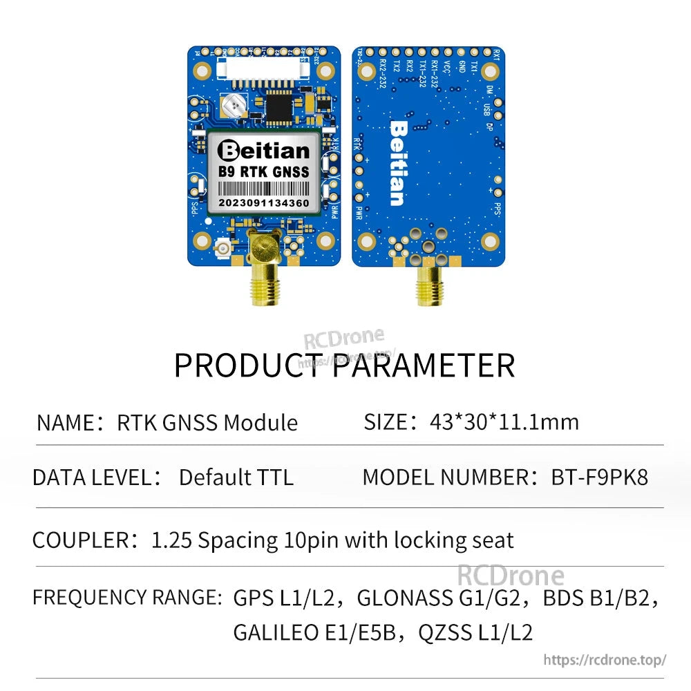 BT-F9PK8 product parameters table showing board front/back and size 43×30×11.1 mm