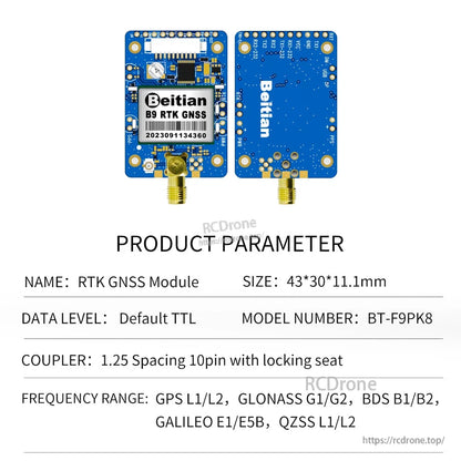 BT-F9PK8 product parameters table showing board front/back and size 43×30×11.1 mm