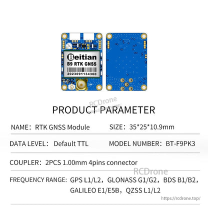 BT-F9PK3 product parameters table with small board photos and size 35×25×10.9 mm