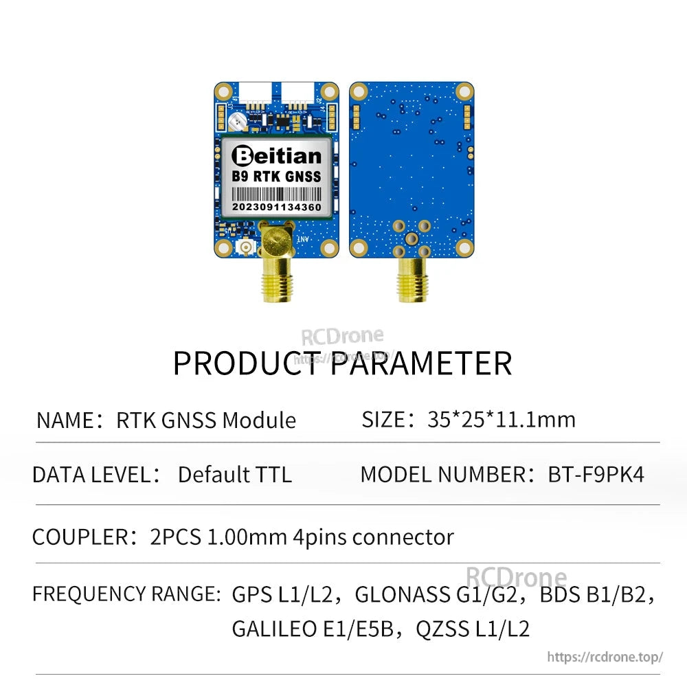 BT-F9PK4 product parameters table with small board photos and size 35×25×11.1 mm