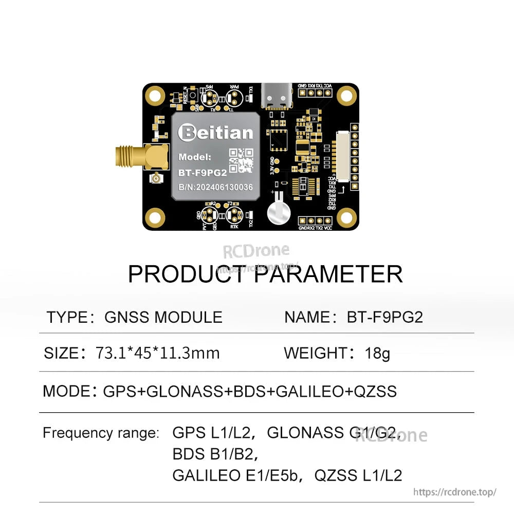 BT-F9PG2 GNSS module product parameter card showing model label and listed size/weight