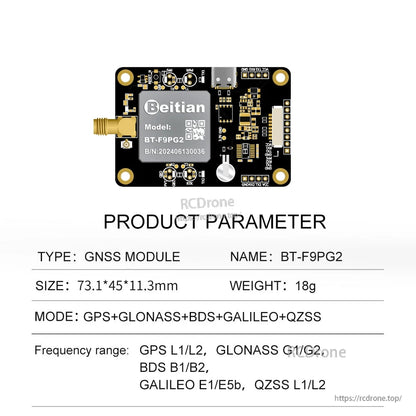 BT-F9PG2 GNSS module product parameter card showing model label and listed size/weight