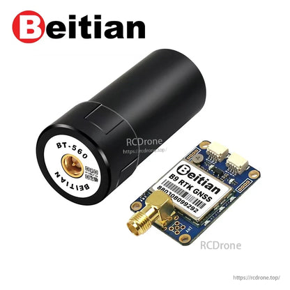 Beitian BT-560 antenna shown with BT-F9P GNSS module board and SMA connector