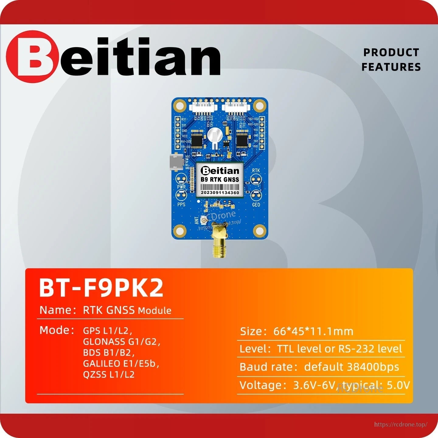BT-F9PK2 RTK GNSS module feature graphic with board image and listed product specs
