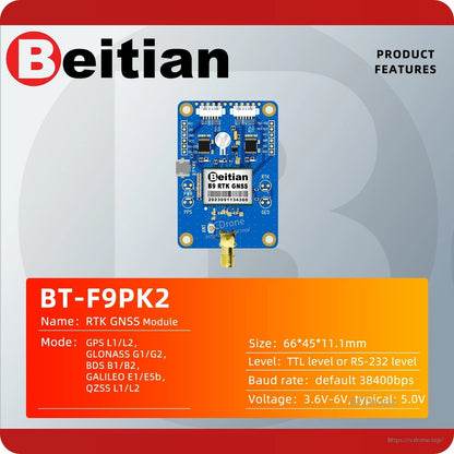 BT-F9PK2 RTK GNSS module feature graphic with board image and listed product specs