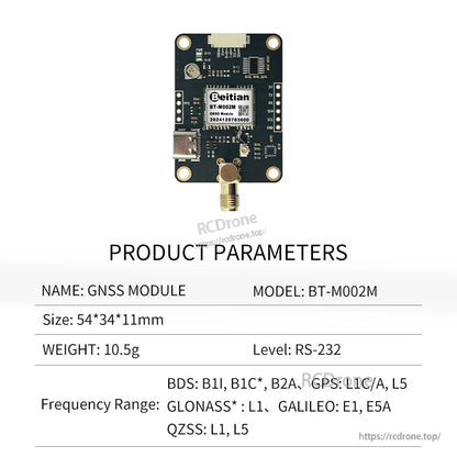 Product parameters chart for BT-M002M GNSS module: 54×34×11 mm, 10.5 g, RS-232 level, frequency range list shown