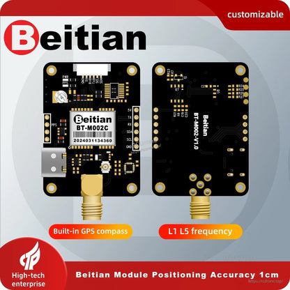 Beitian BT-M002 series differential L1/L5 GNSS module promo graphic showing built-in compass and dual-frequency label