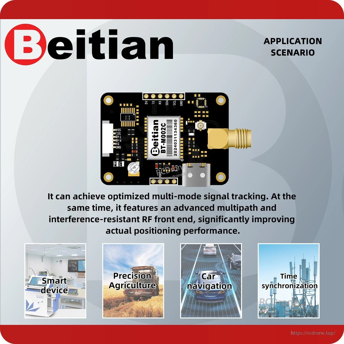 Application scenario graphic for Beitian GNSS module with icons for smart device, agriculture, car navigation, and time sync